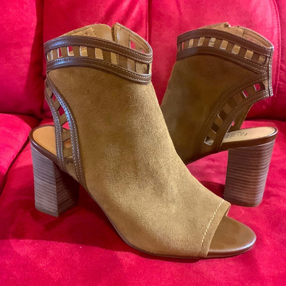 Franco Sarto Tan Suede Greenwich Open Toe Booties Size 9